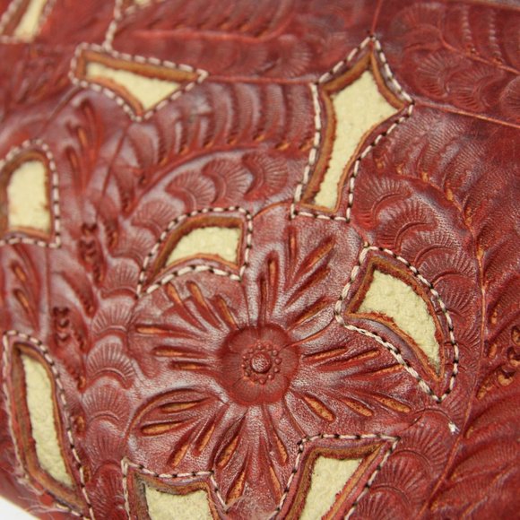 Leathers in Leather Floral Embossed Cut Out Zip Around Wallet Clutch Red Maroon - Picture 3 of 8